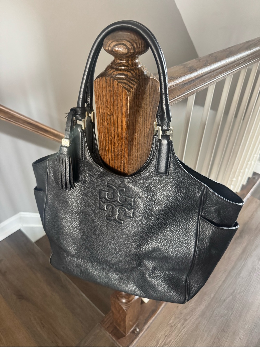 Tory Burch Black Pebbled Leather Tote with Tassel Charm